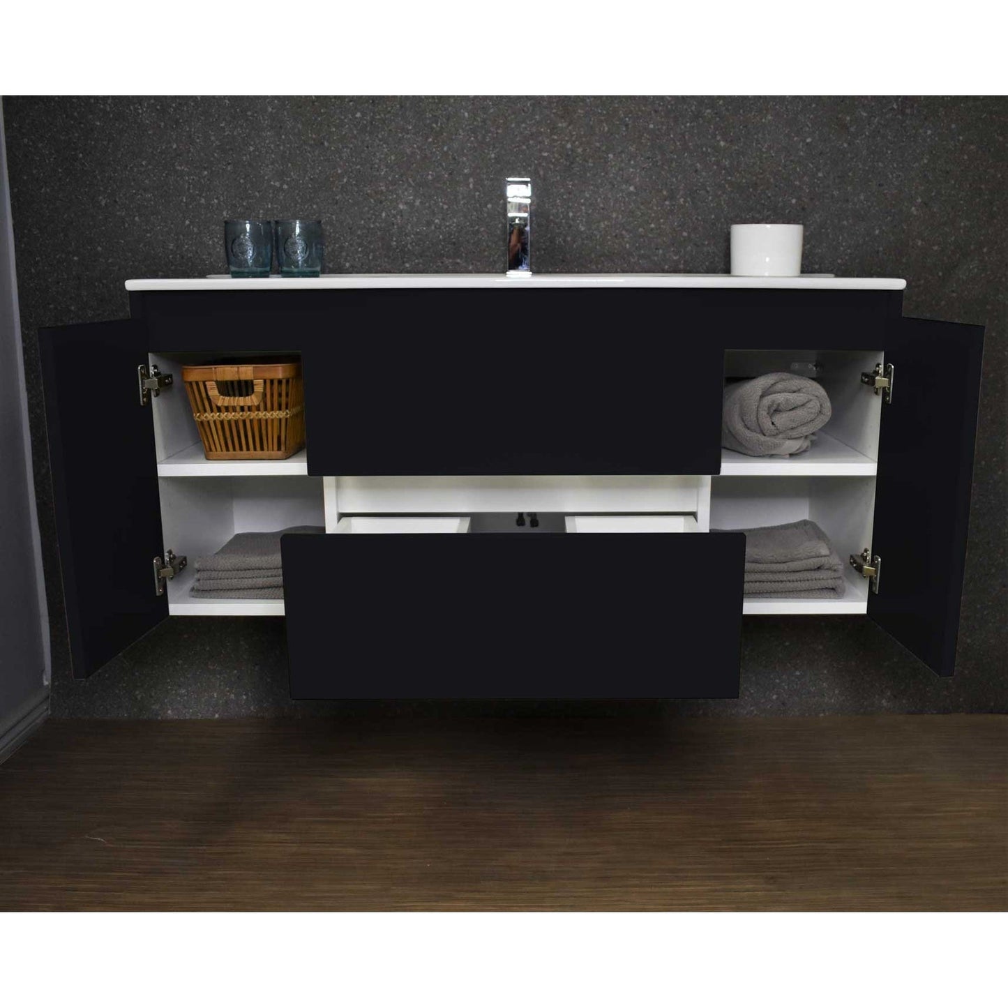 Volpa USA Salt 48" x 18" Black Wall-Mounted Floating Bathroom Vanity With Drawers, Integrated Porcelain Ceramic Top and Integrated Ceramic Sink