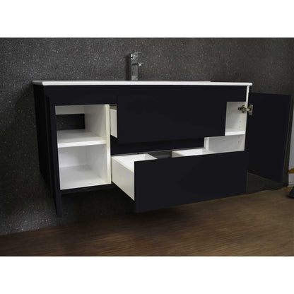 Volpa USA Salt 48" x 18" Black Wall-Mounted Floating Bathroom Vanity With Drawers, Integrated Porcelain Ceramic Top and Integrated Ceramic Sink