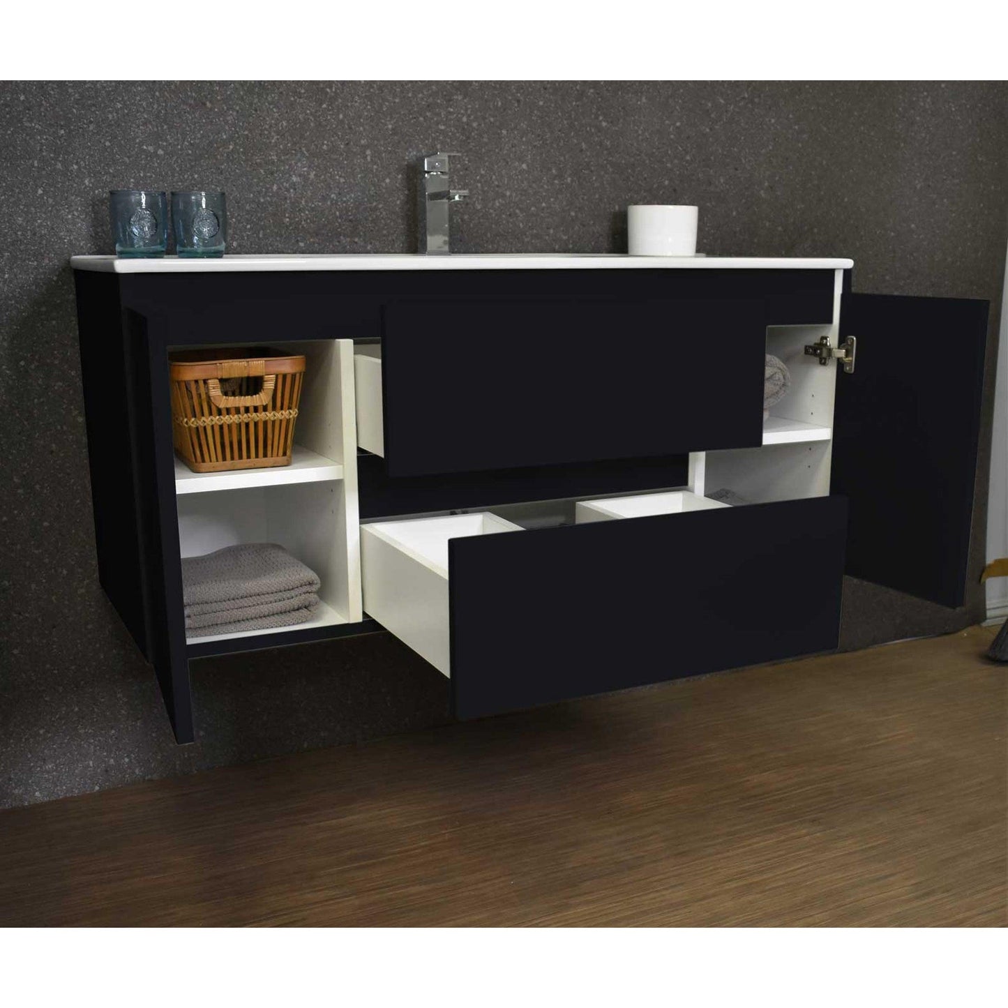 Volpa USA Salt 48" x 18" Glossy Black Wall-Mounted Floating Bathroom Vanity With Drawers, Integrated Porcelain Ceramic Top and Integrated Ceramic Sink