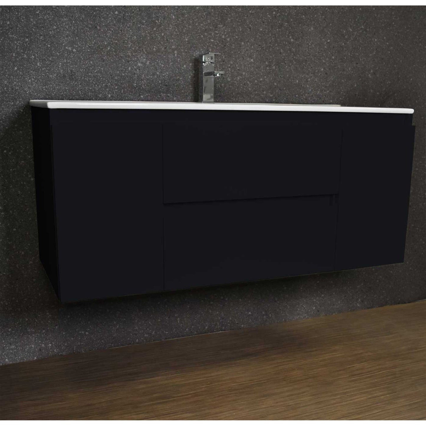 Volpa USA Salt 48" x 18" Glossy Black Wall-Mounted Floating Bathroom Vanity With Drawers, Integrated Porcelain Ceramic Top and Integrated Ceramic Sink