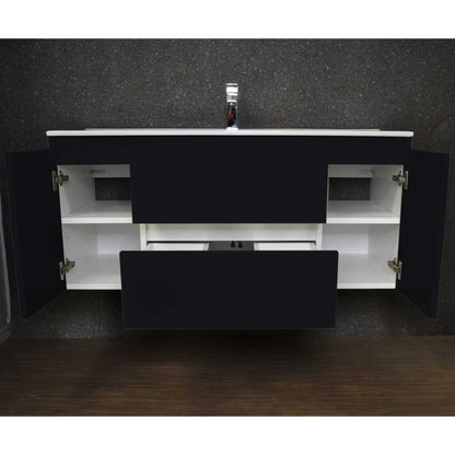 Volpa USA Salt 48" x 18" Glossy Black Wall-Mounted Floating Bathroom Vanity With Drawers, Integrated Porcelain Ceramic Top and Integrated Ceramic Sink