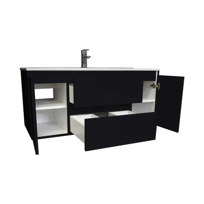 Volpa USA Salt 48" x 18" Glossy Black Wall-Mounted Floating Bathroom Vanity With Drawers, Integrated Porcelain Ceramic Top and Integrated Ceramic Sink