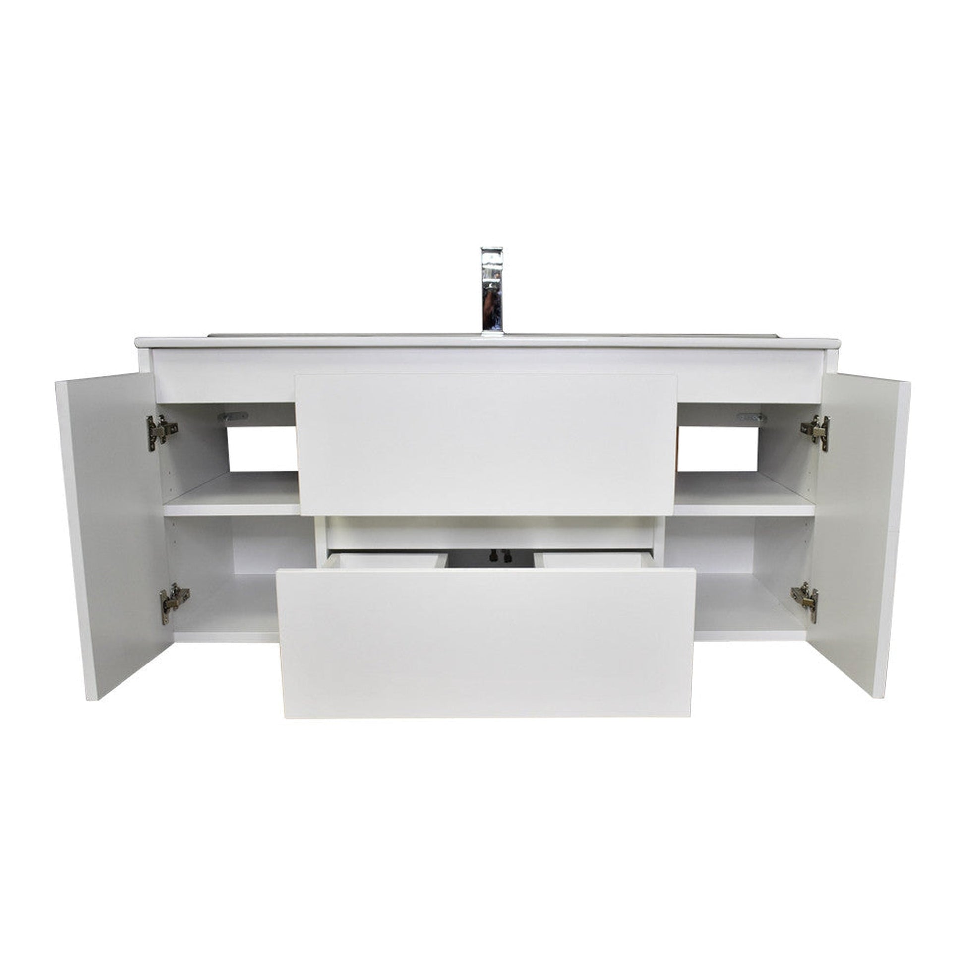 Volpa USA Salt 48" x 18" Glossy White Wall-Mounted Floating Bathroom Vanity With Drawers, Integrated Porcelain Ceramic Top and Integrated Ceramic Sink