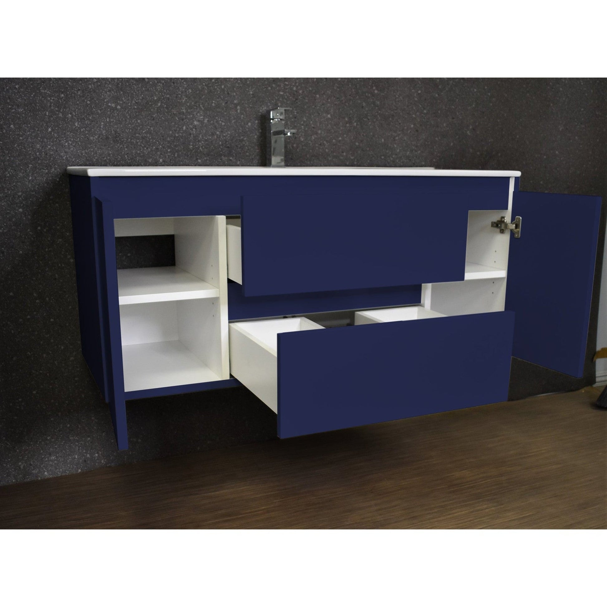 Volpa USA Salt 48" x 18" Navy Wall-Mounted Floating Bathroom Vanity With Drawers, Integrated Porcelain Ceramic Top and Integrated Ceramic Sink