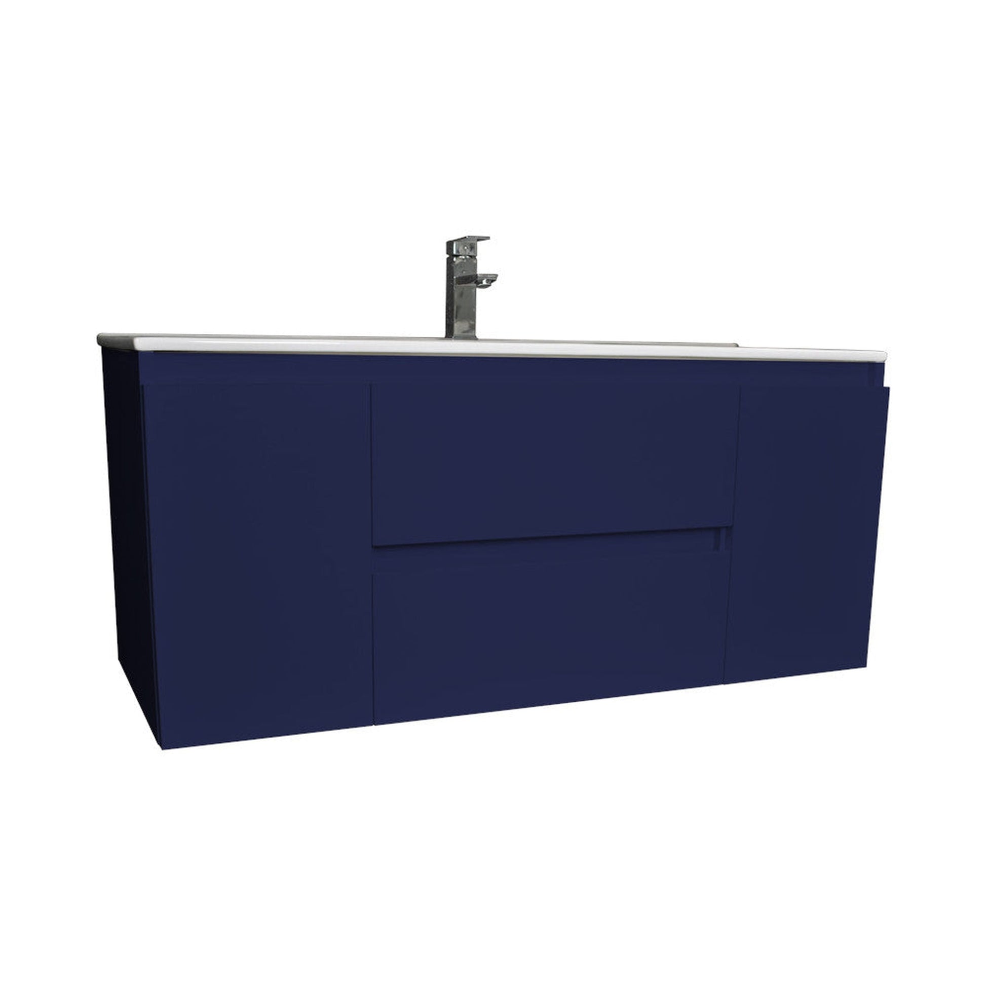 Volpa USA Salt 48" x 18" Navy Wall-Mounted Floating Bathroom Vanity With Drawers, Integrated Porcelain Ceramic Top and Integrated Ceramic Sink