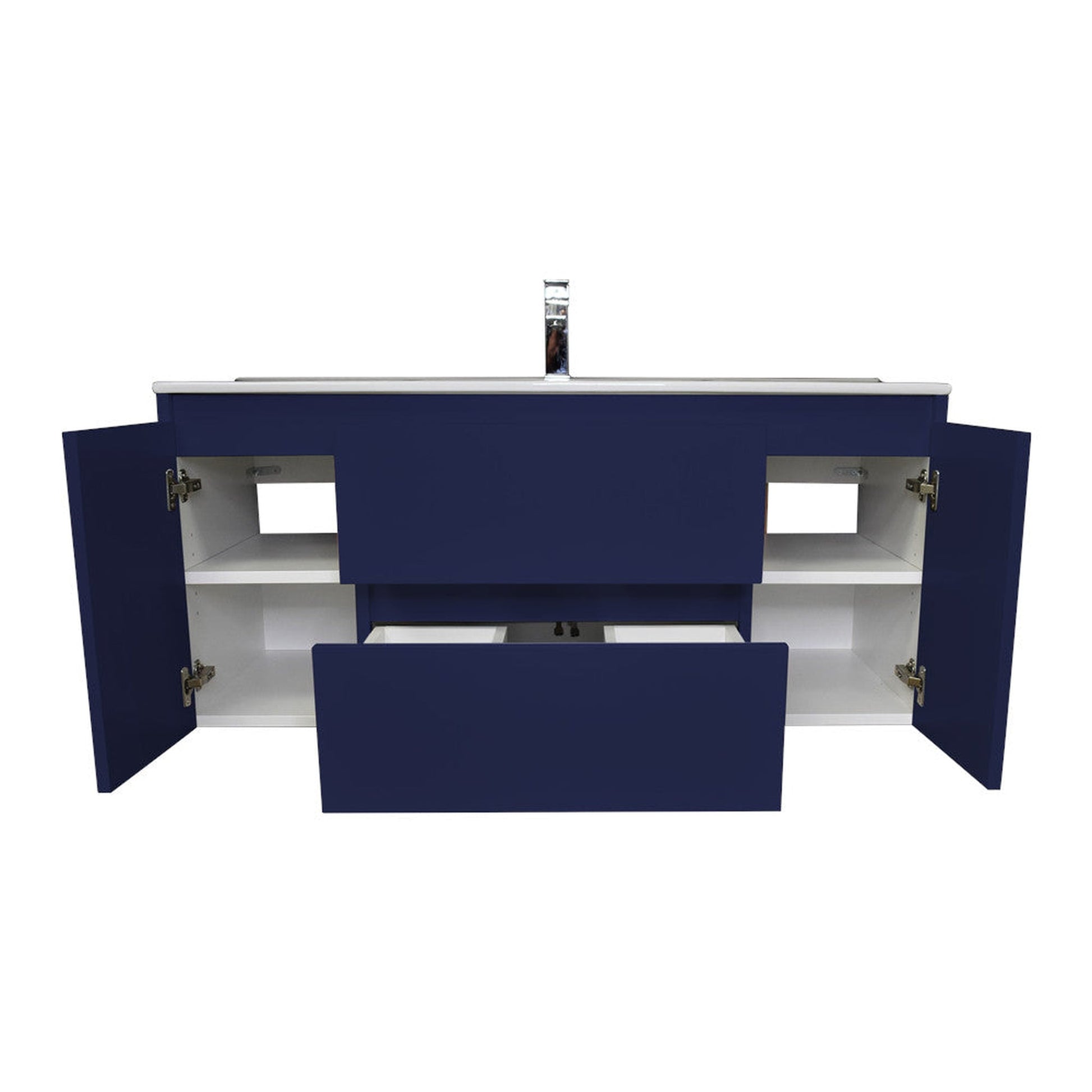 Volpa USA Salt 48" x 18" Navy Wall-Mounted Floating Bathroom Vanity With Drawers, Integrated Porcelain Ceramic Top and Integrated Ceramic Sink