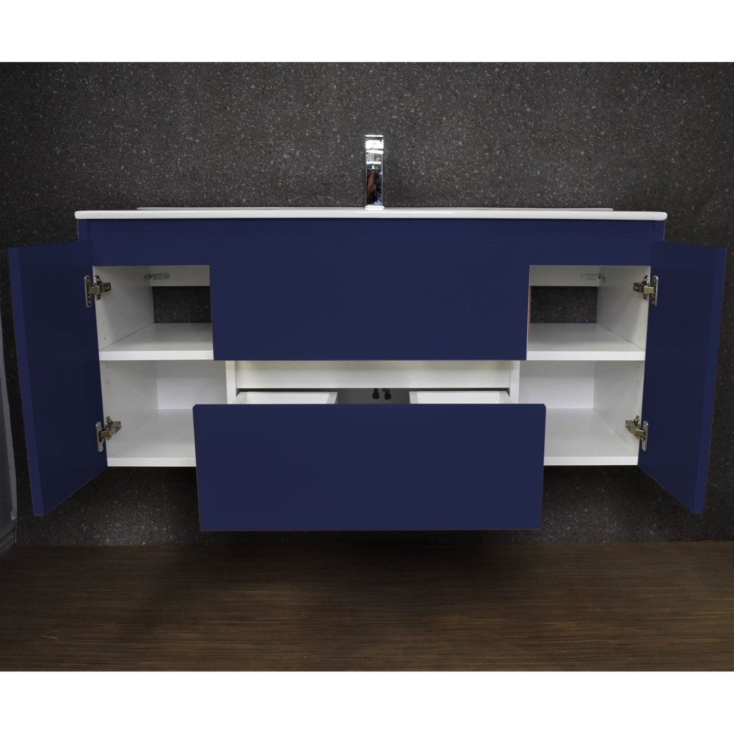 Volpa USA Salt 48" x 18" Navy Wall-Mounted Floating Bathroom Vanity With Drawers, Integrated Porcelain Ceramic Top and Integrated Ceramic Sink