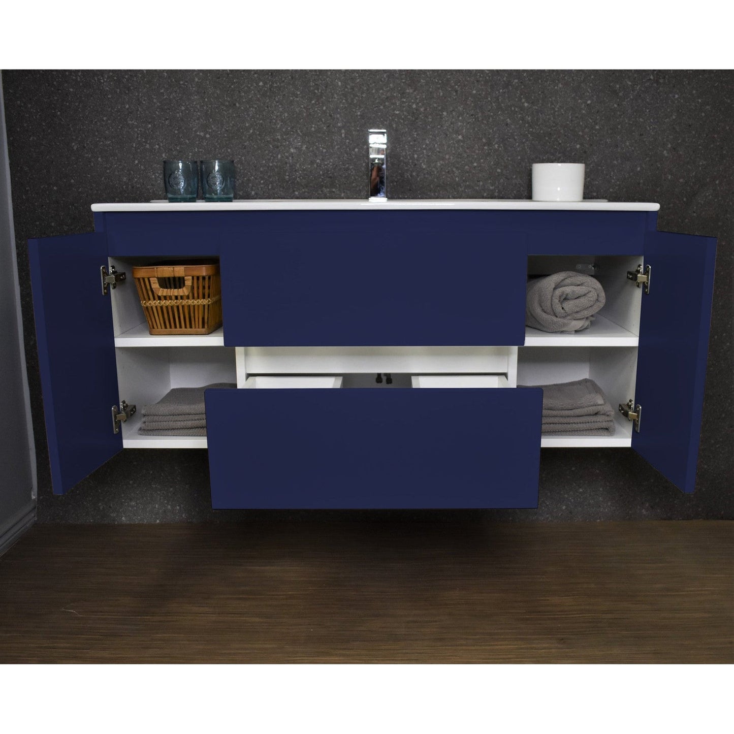 Volpa USA Salt 48" x 18" Navy Wall-Mounted Floating Bathroom Vanity With Drawers, Integrated Porcelain Ceramic Top and Integrated Ceramic Sink