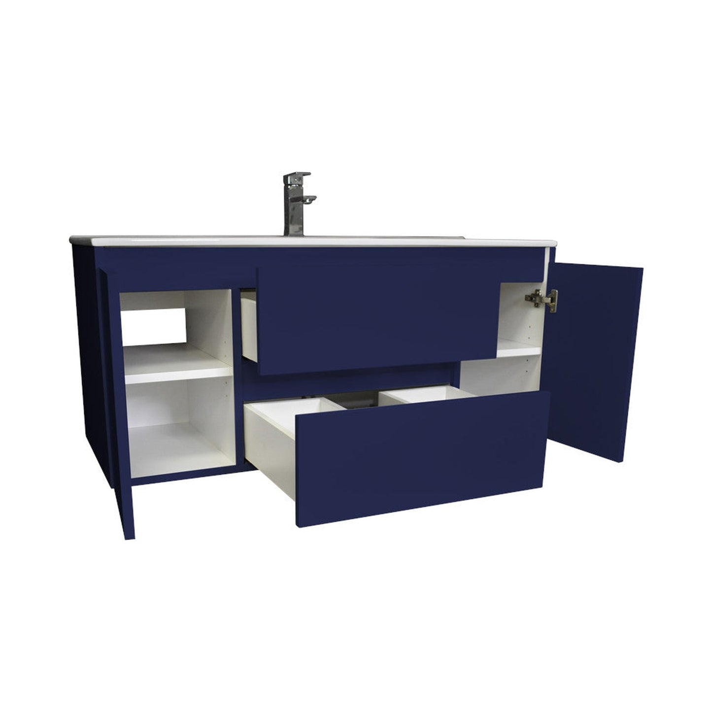 Volpa USA Salt 48" x 18" Navy Wall-Mounted Floating Bathroom Vanity With Drawers, Integrated Porcelain Ceramic Top and Integrated Ceramic Sink