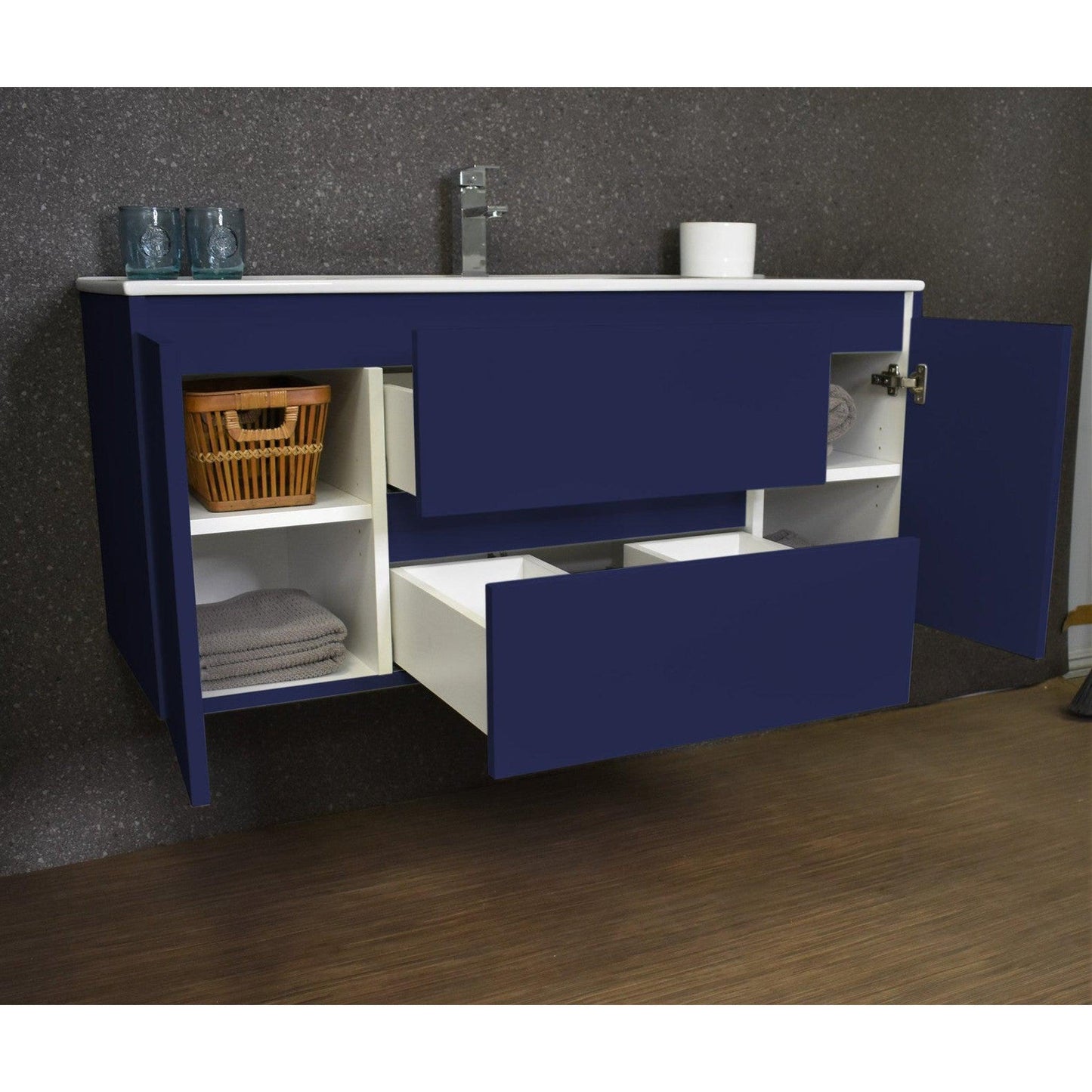 Volpa USA Salt 48" x 18" Navy Wall-Mounted Floating Bathroom Vanity With Drawers, Integrated Porcelain Ceramic Top and Integrated Ceramic Sink