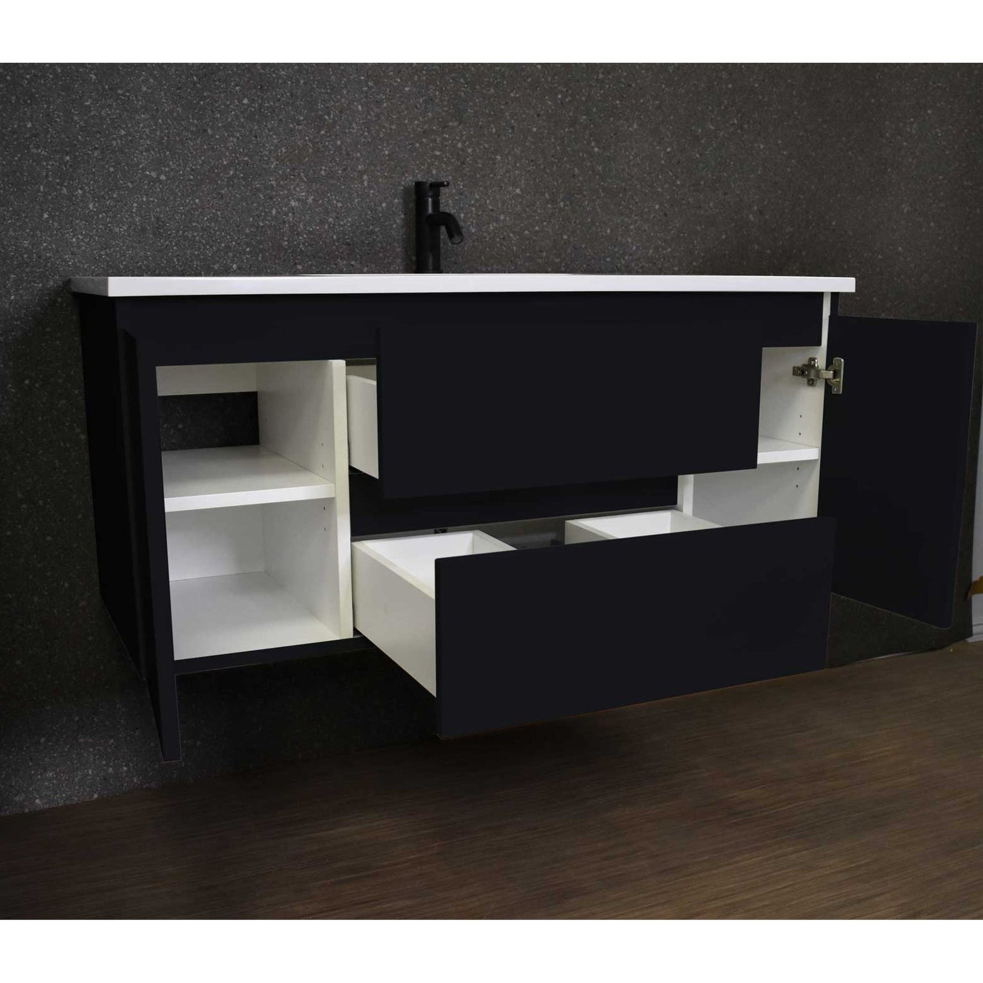 Volpa USA Salt 48" x 20" Black Wall-Mounted Floating Bathroom Vanity With Drawers, Acrylic Top and Integrated Acrylic Sink