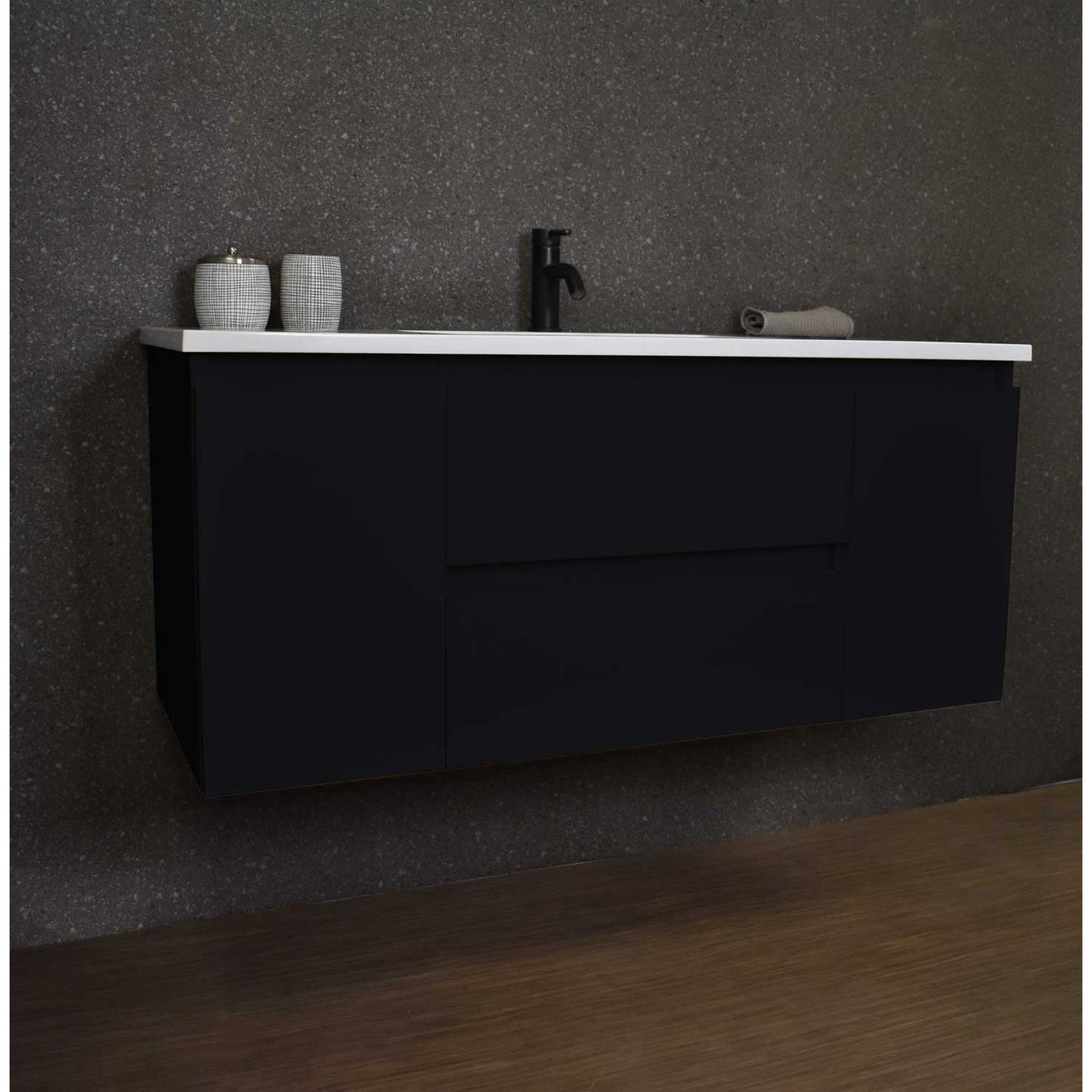 Volpa USA Salt 48" x 20" Black Wall-Mounted Floating Bathroom Vanity With Drawers, Acrylic Top and Integrated Acrylic Sink