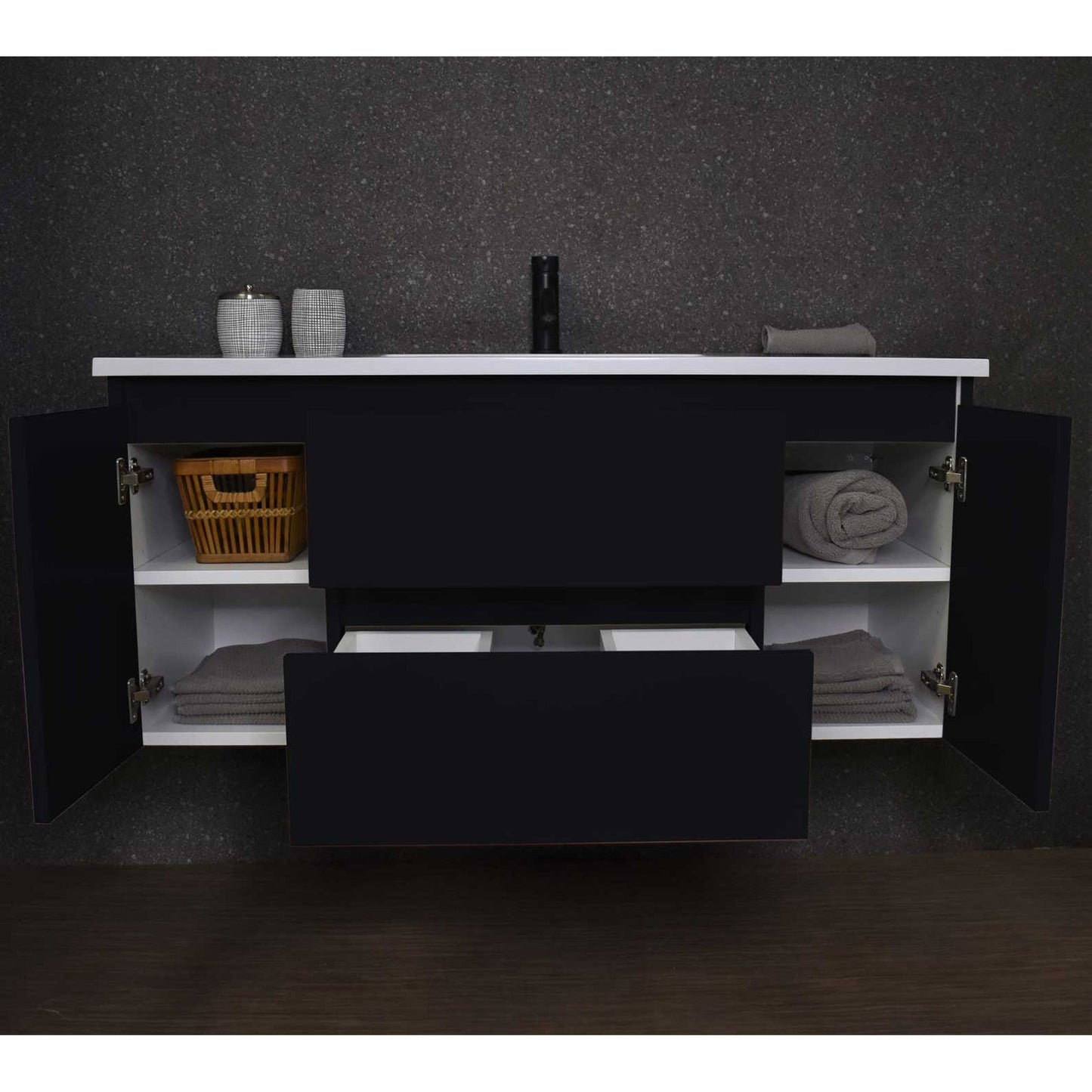 Volpa USA Salt 48" x 20" Black Wall-Mounted Floating Bathroom Vanity With Drawers, Acrylic Top and Integrated Acrylic Sink