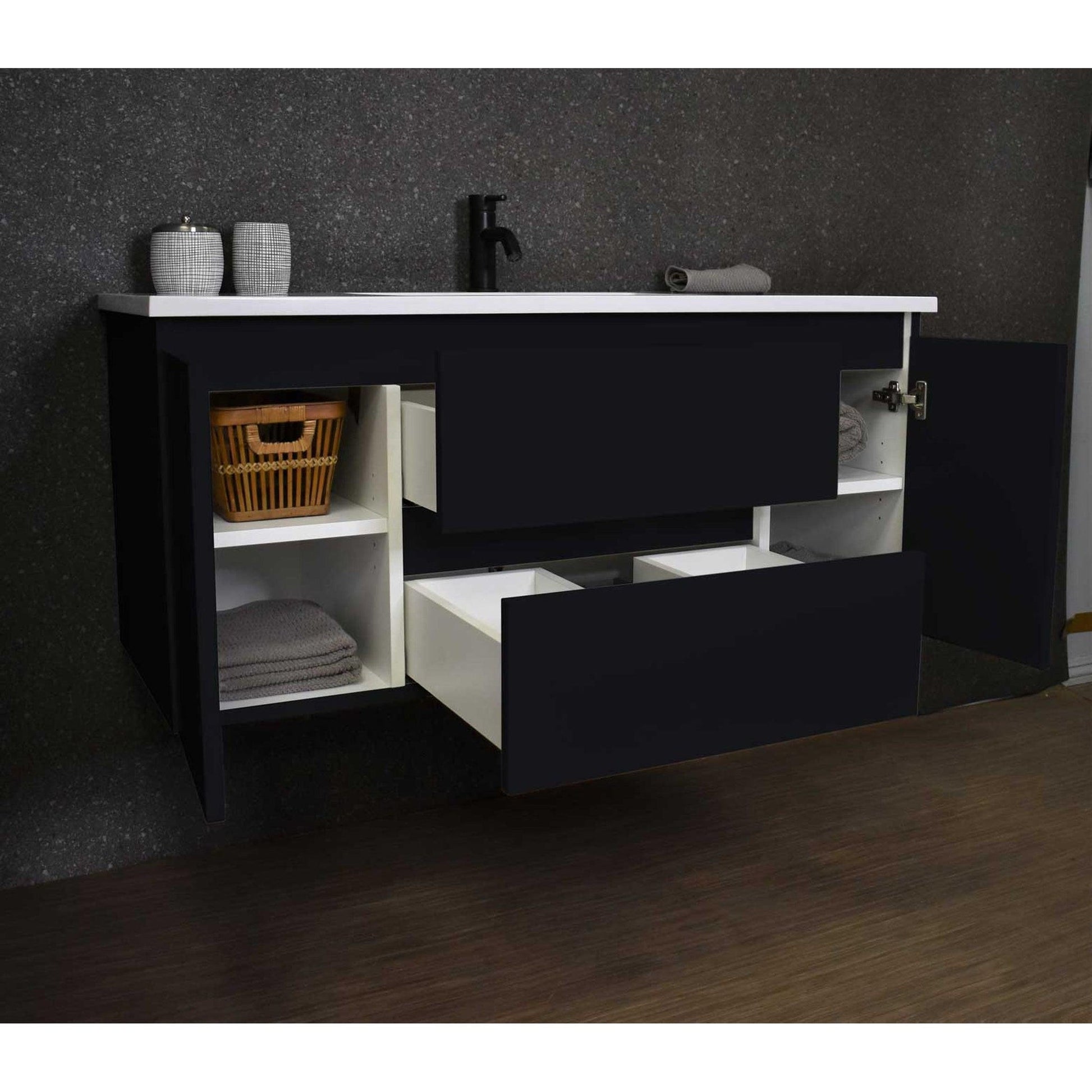 Volpa USA Salt 48" x 20" Glossy Black Wall-Mounted Floating Bathroom Vanity With Drawers, Acrylic Top and Integrated Acrylic Sink