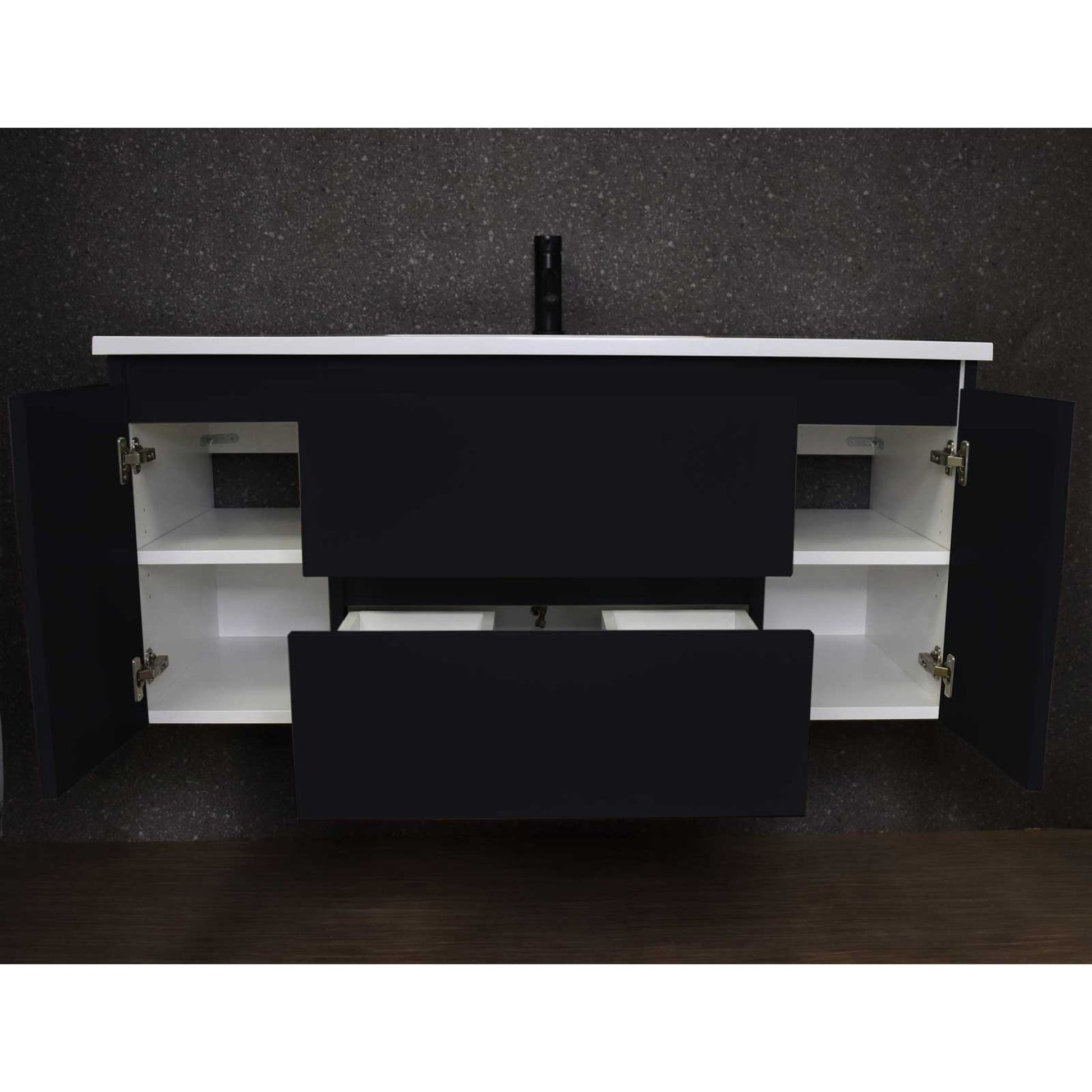 Volpa USA Salt 48" x 20" Glossy Black Wall-Mounted Floating Bathroom Vanity With Drawers, Acrylic Top and Integrated Acrylic Sink