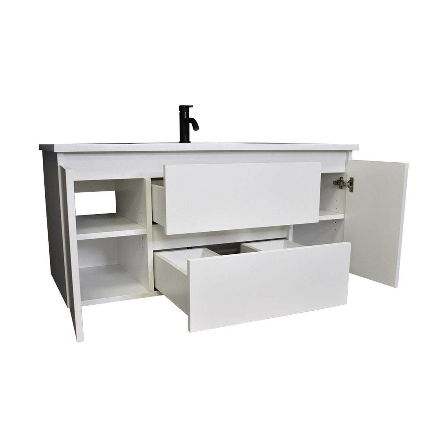 Volpa USA Salt 48" x 20" Glossy White Wall-Mounted Floating Bathroom Vanity With Drawers, Acrylic Top and Integrated Acrylic Sink