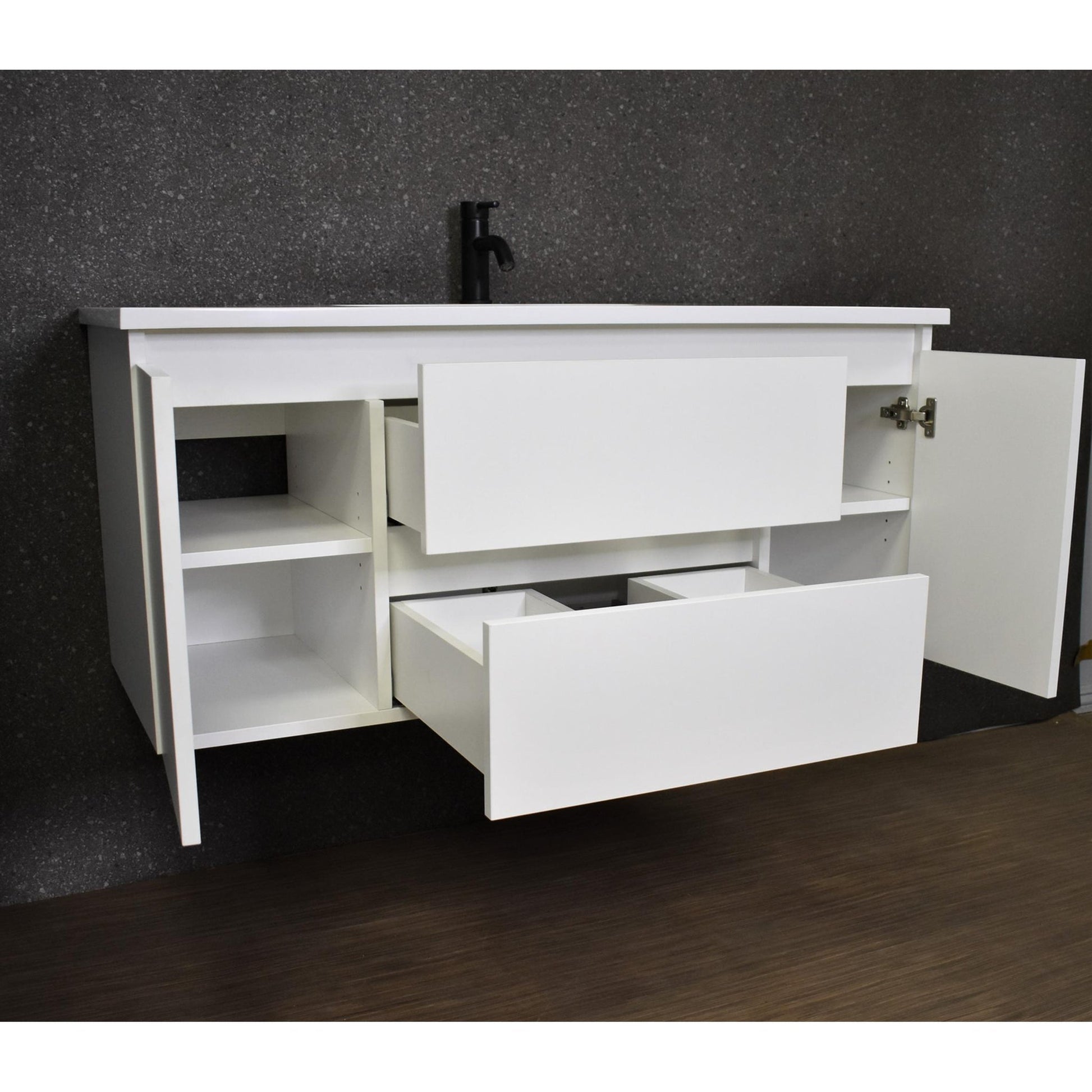 Volpa USA Salt 48" x 20" Glossy White Wall-Mounted Floating Bathroom Vanity With Drawers, Acrylic Top and Integrated Acrylic Sink