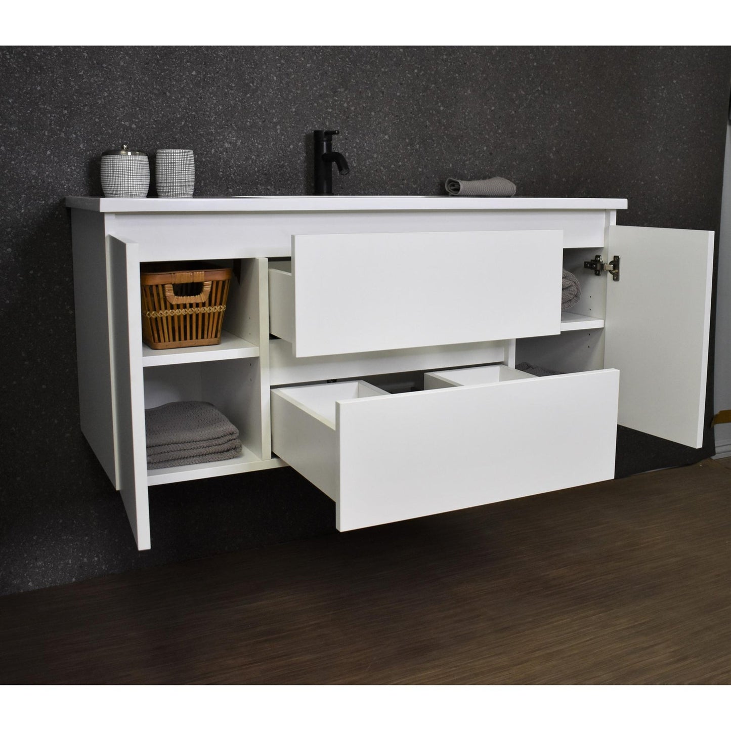 Volpa USA Salt 48" x 20" Glossy White Wall-Mounted Floating Bathroom Vanity With Drawers, Acrylic Top and Integrated Acrylic Sink