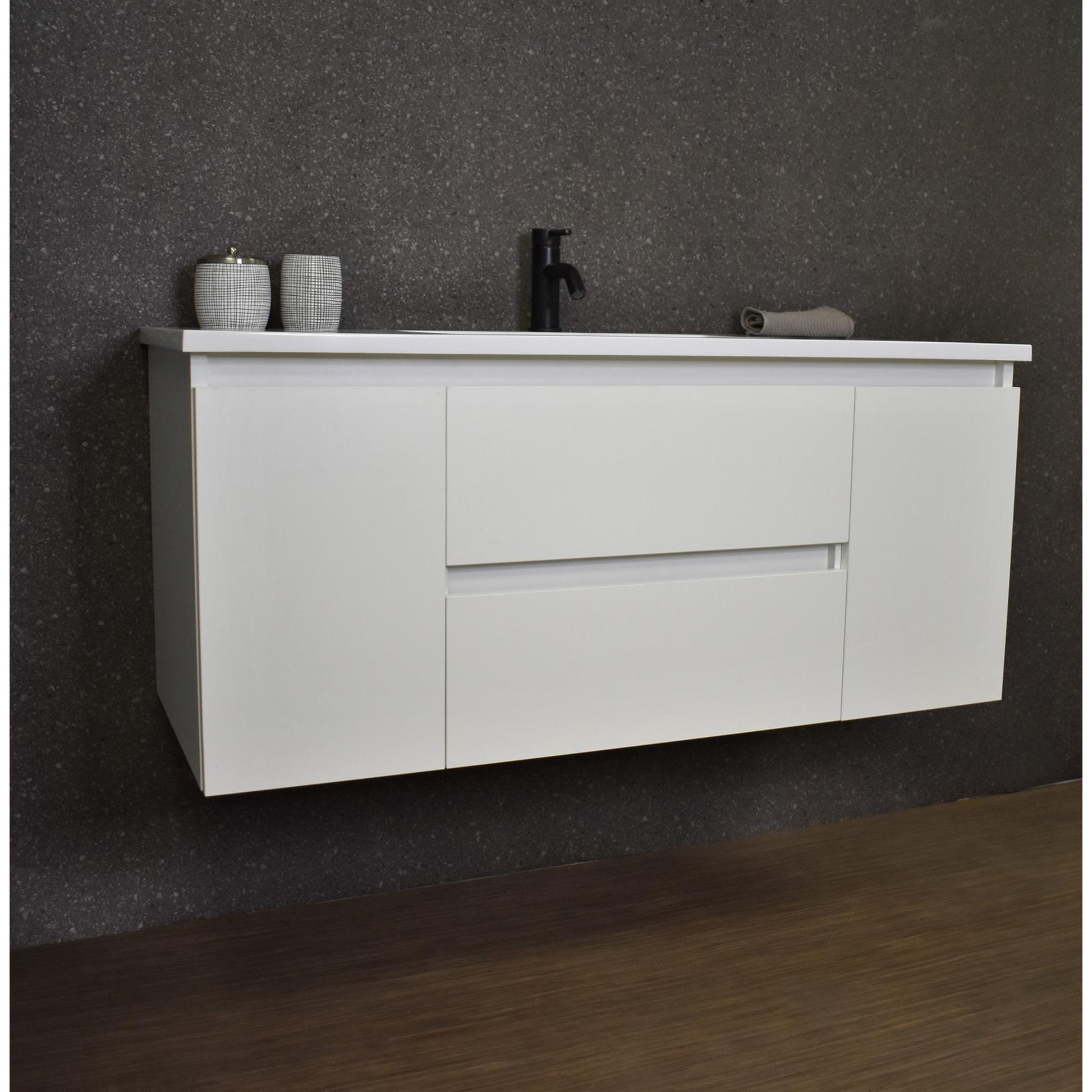 Volpa USA Salt 48" x 20" Glossy White Wall-Mounted Floating Bathroom Vanity With Drawers, Acrylic Top and Integrated Acrylic Sink