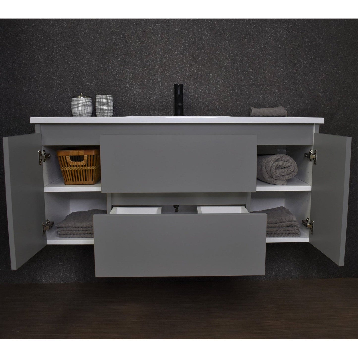 Volpa USA Salt 48" x 20" Gray Wall-Mounted Floating Bathroom Vanity With Drawers, Acrylic Top and Integrated Acrylic Sink