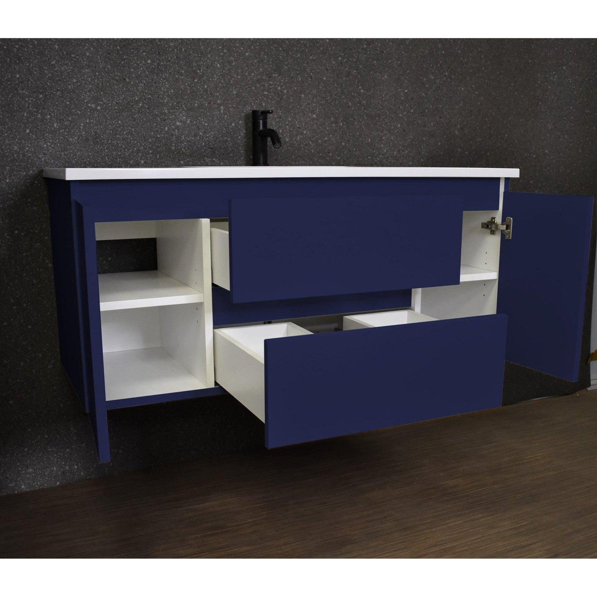 Volpa USA Salt 48" x 20" Navy Wall-Mounted Floating Bathroom Vanity With Drawers, Acrylic Top and Integrated Acrylic Sink