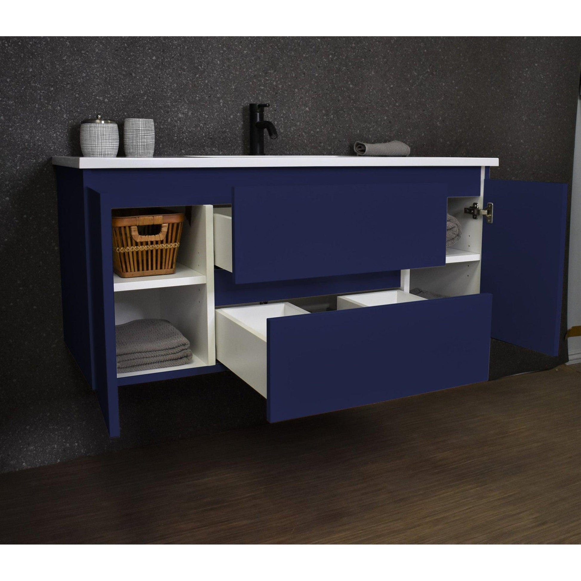 Volpa USA Salt 48" x 20" Navy Wall-Mounted Floating Bathroom Vanity With Drawers, Acrylic Top and Integrated Acrylic Sink