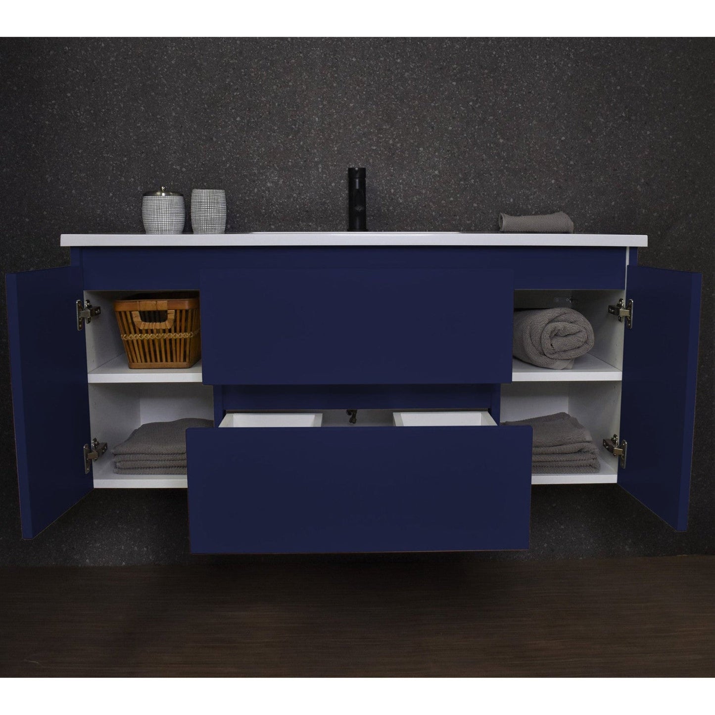 Volpa USA Salt 48" x 20" Navy Wall-Mounted Floating Bathroom Vanity With Drawers, Acrylic Top and Integrated Acrylic Sink