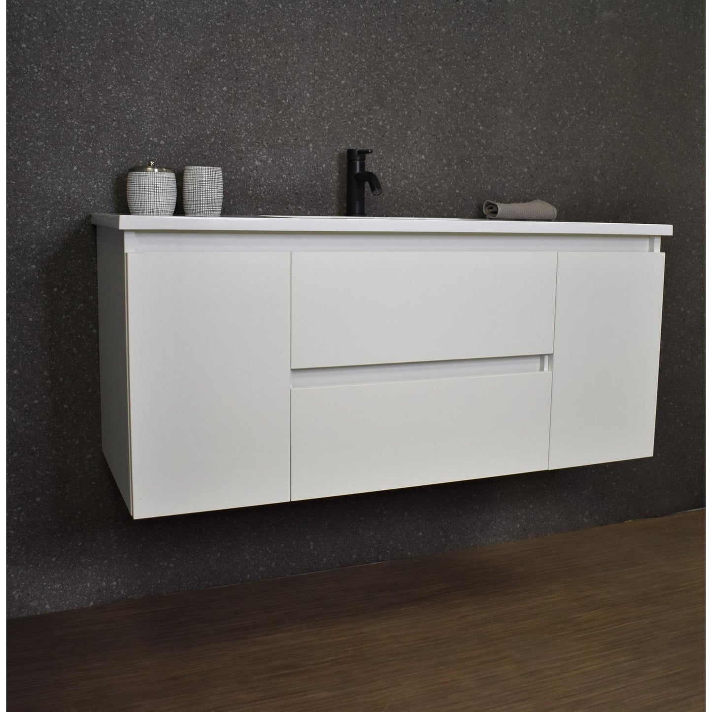 Volpa USA Salt 48" x 20" White Wall-Mounted Floating Bathroom Vanity With Drawers, Acrylic Top and Integrated Acrylic Sink