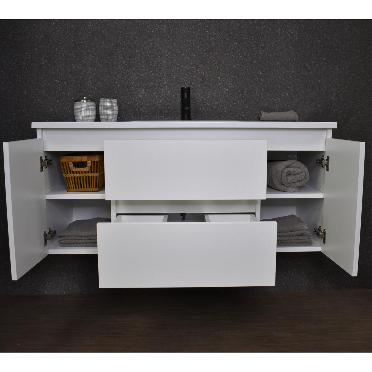 Volpa USA Salt 48" x 20" White Wall-Mounted Floating Bathroom Vanity With Drawers, Acrylic Top and Integrated Acrylic Sink