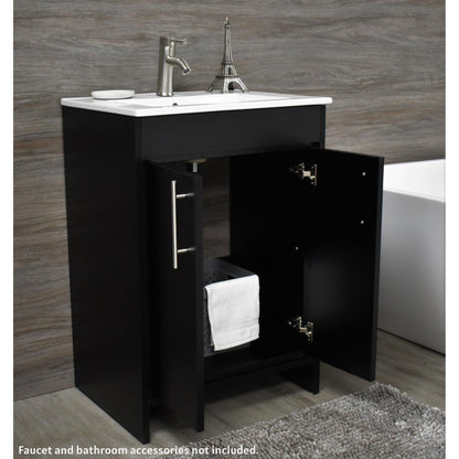 Volpa USA Villa 24" Black Freestanding Modern Bathroom Vanity With Integrated Ceramic Top and Brushed Nickel Round Handles