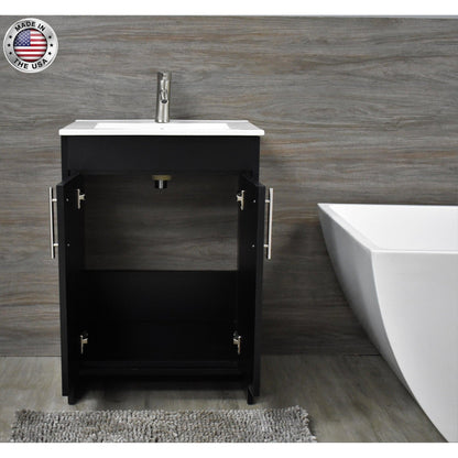 Volpa USA Villa 24" Black Freestanding Modern Bathroom Vanity With Integrated Ceramic Top and Brushed Nickel Round Handles