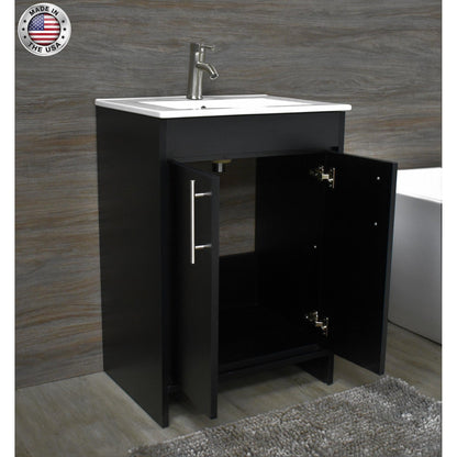 Volpa USA Villa 24" Black Freestanding Modern Bathroom Vanity With Integrated Ceramic Top and Brushed Nickel Round Handles