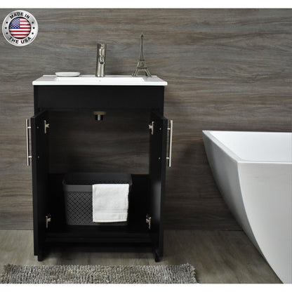 Volpa USA Villa 24" Black Freestanding Modern Bathroom Vanity With Integrated Ceramic Top and Brushed Nickel Round Handles