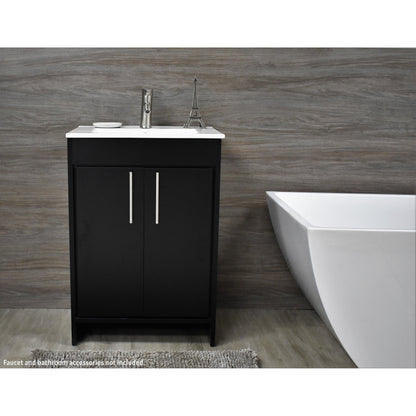 Volpa USA Villa 24" Black Freestanding Modern Bathroom Vanity With Integrated Ceramic Top and Brushed Nickel Round Handles