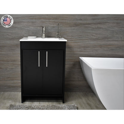 Volpa USA Villa 24" Black Freestanding Modern Bathroom Vanity With Integrated Ceramic Top and Brushed Nickel Round Handles