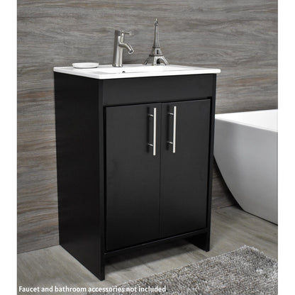 Volpa USA Villa 24" Black Freestanding Modern Bathroom Vanity With Integrated Ceramic Top and Brushed Nickel Round Handles