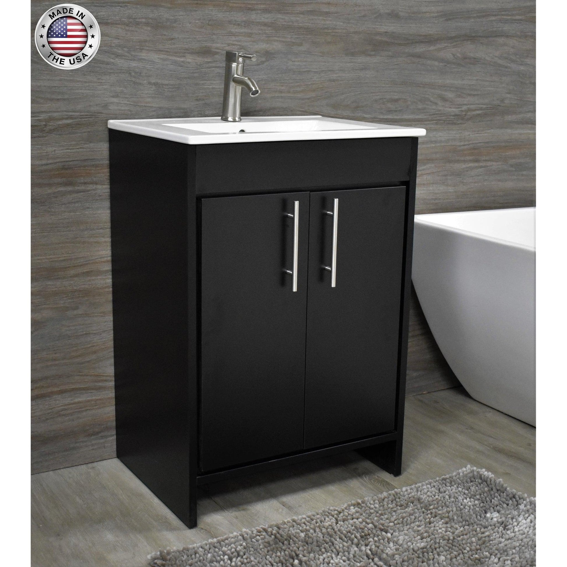 Volpa USA Villa 24" Black Freestanding Modern Bathroom Vanity With Integrated Ceramic Top and Brushed Nickel Round Handles