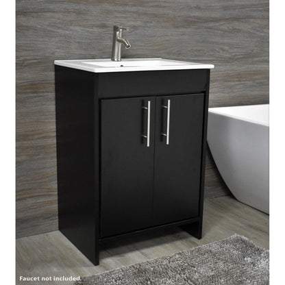 Volpa USA Villa 24" Black Freestanding Modern Bathroom Vanity With Integrated Ceramic Top and Brushed Nickel Round Handles