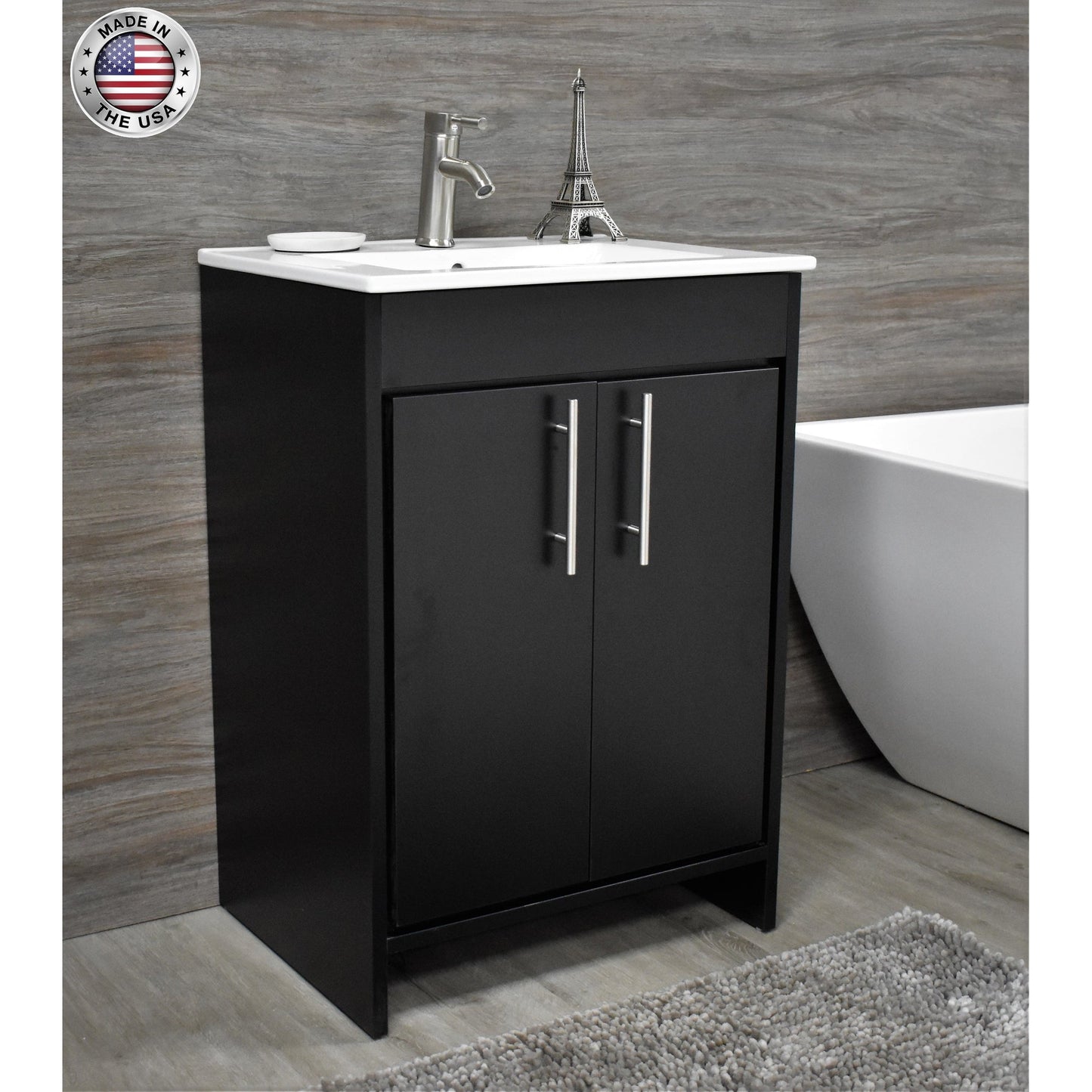 Volpa USA Villa 24" Black Freestanding Modern Bathroom Vanity With Integrated Ceramic Top and Brushed Nickel Round Handles