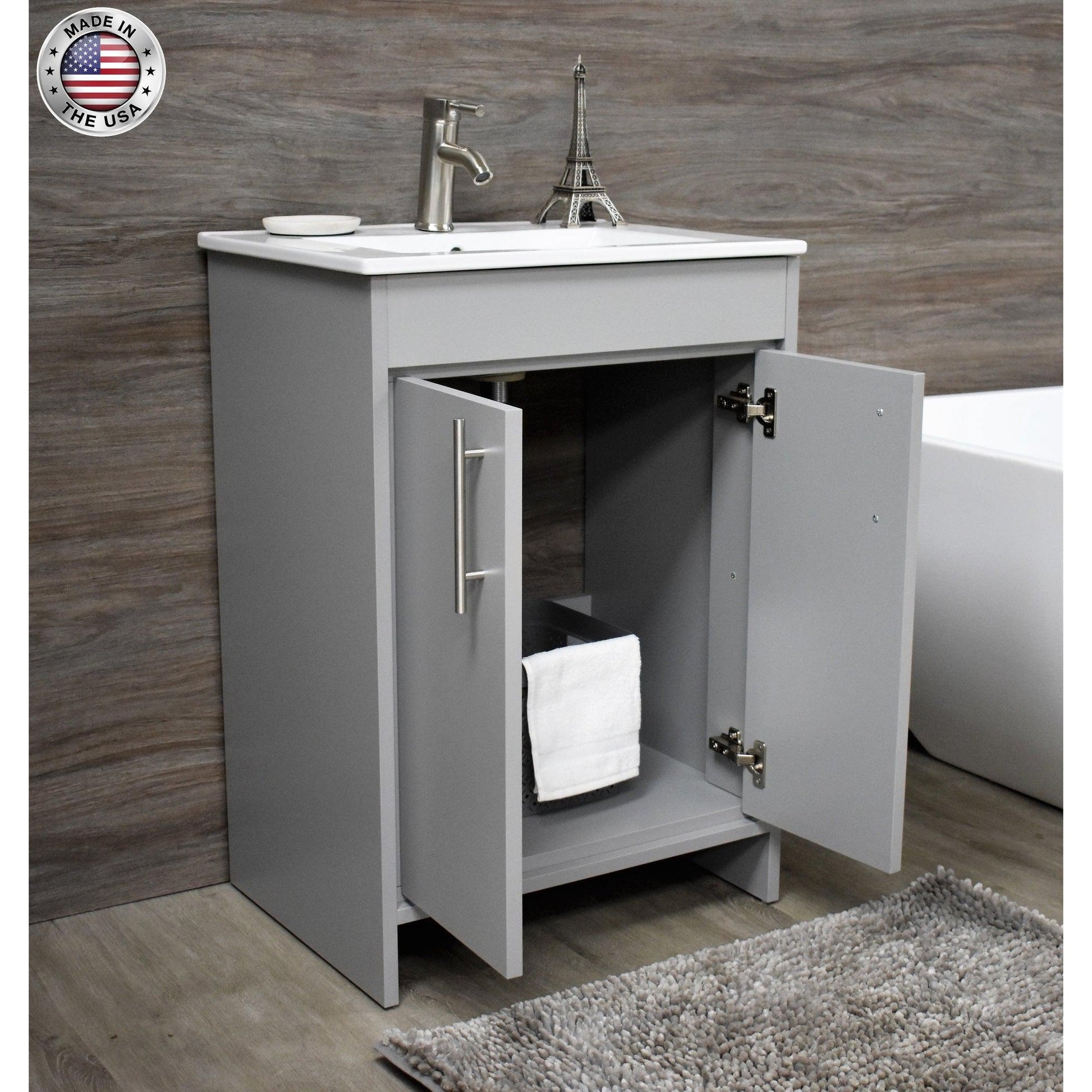 Volpa USA Villa 24" Gray Freestanding Modern Bathroom Vanity With Integrated Ceramic Top and Brushed Nickel Round Handles