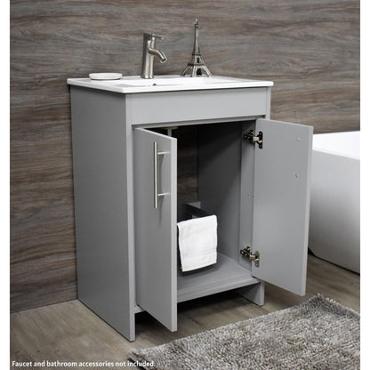 Volpa USA Villa 24" Gray Freestanding Modern Bathroom Vanity With Integrated Ceramic Top and Brushed Nickel Round Handles