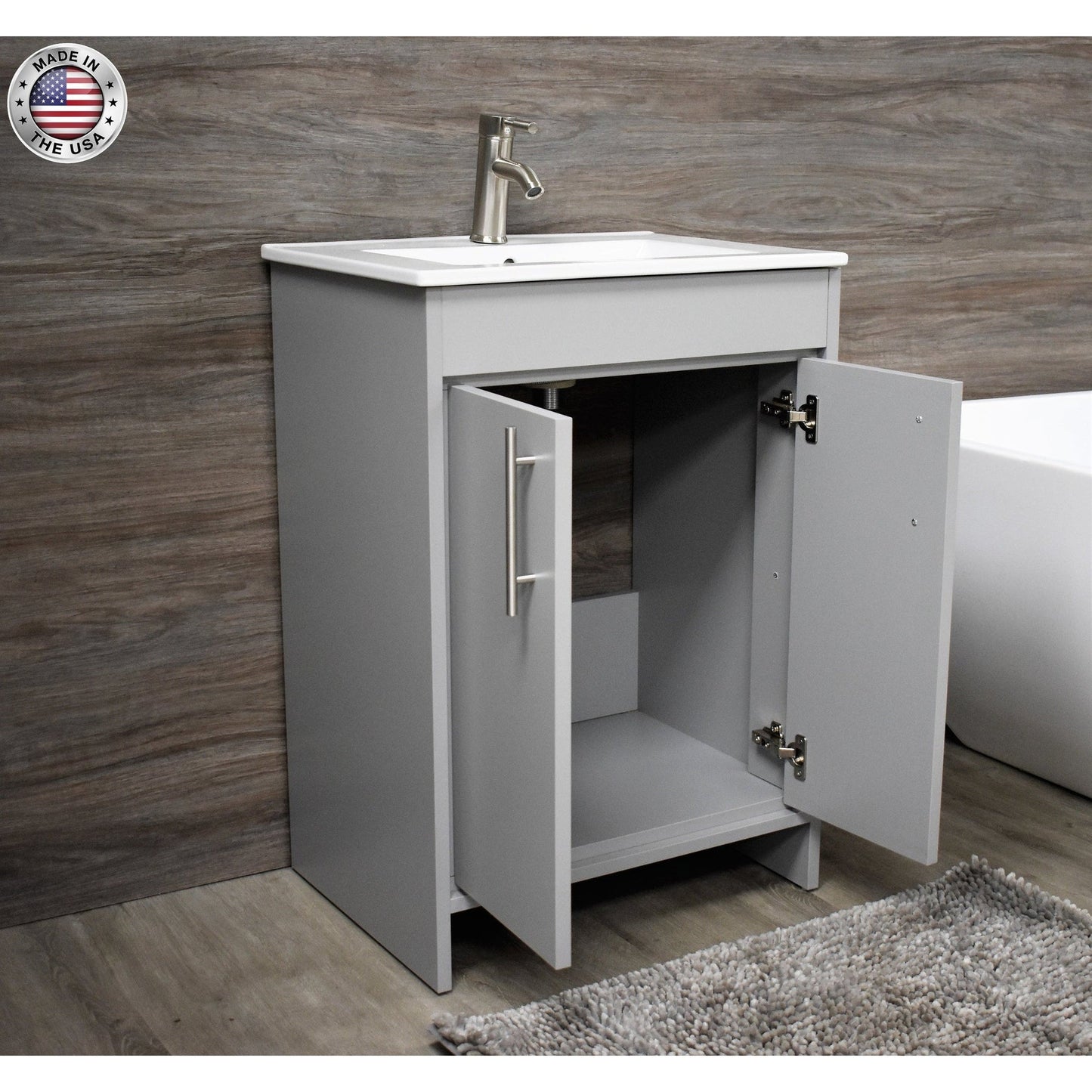 Volpa USA Villa 24" Gray Freestanding Modern Bathroom Vanity With Integrated Ceramic Top and Brushed Nickel Round Handles