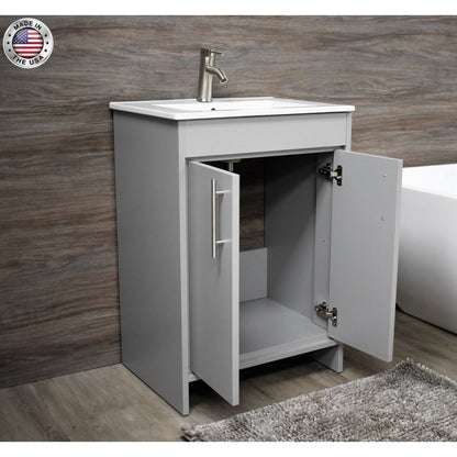 Volpa USA Villa 24" Gray Freestanding Modern Bathroom Vanity With Integrated Ceramic Top and Brushed Nickel Round Handles