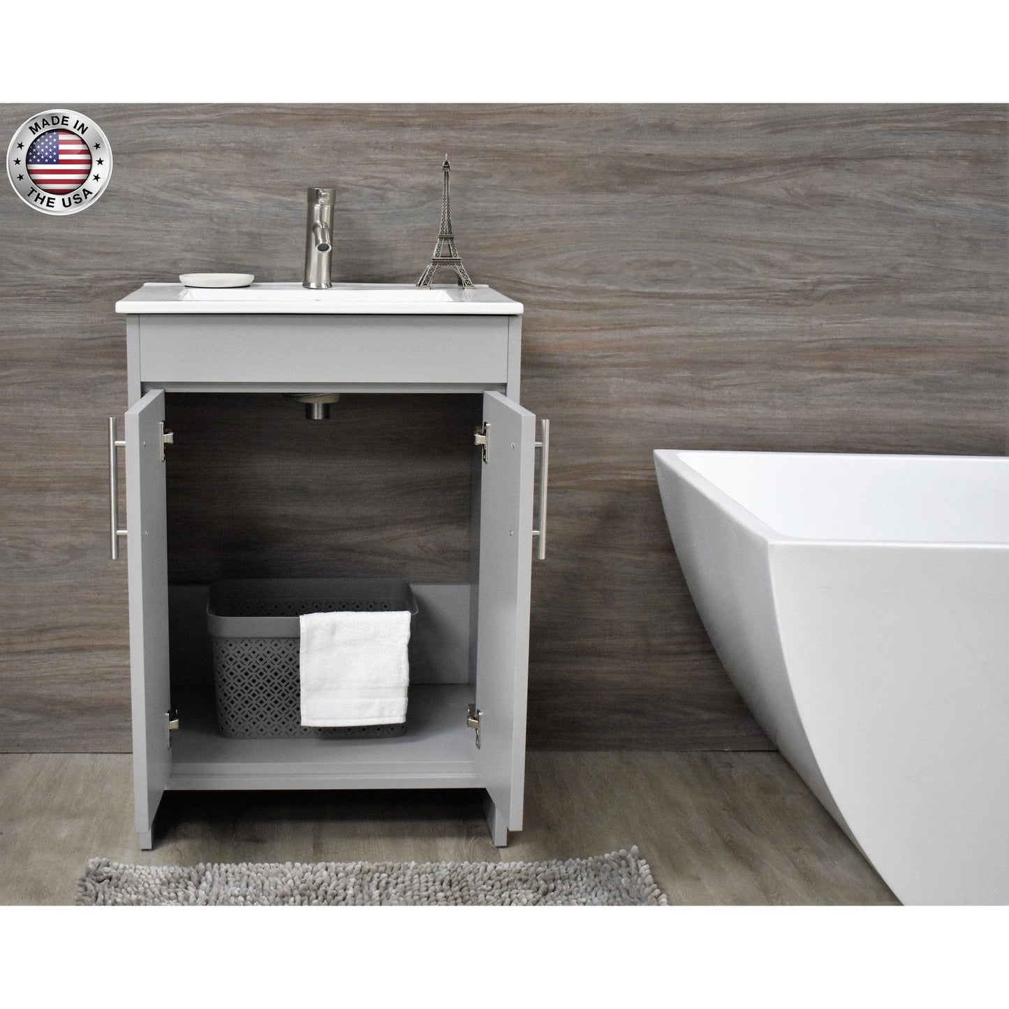 Volpa USA Villa 24" Gray Freestanding Modern Bathroom Vanity With Integrated Ceramic Top and Brushed Nickel Round Handles