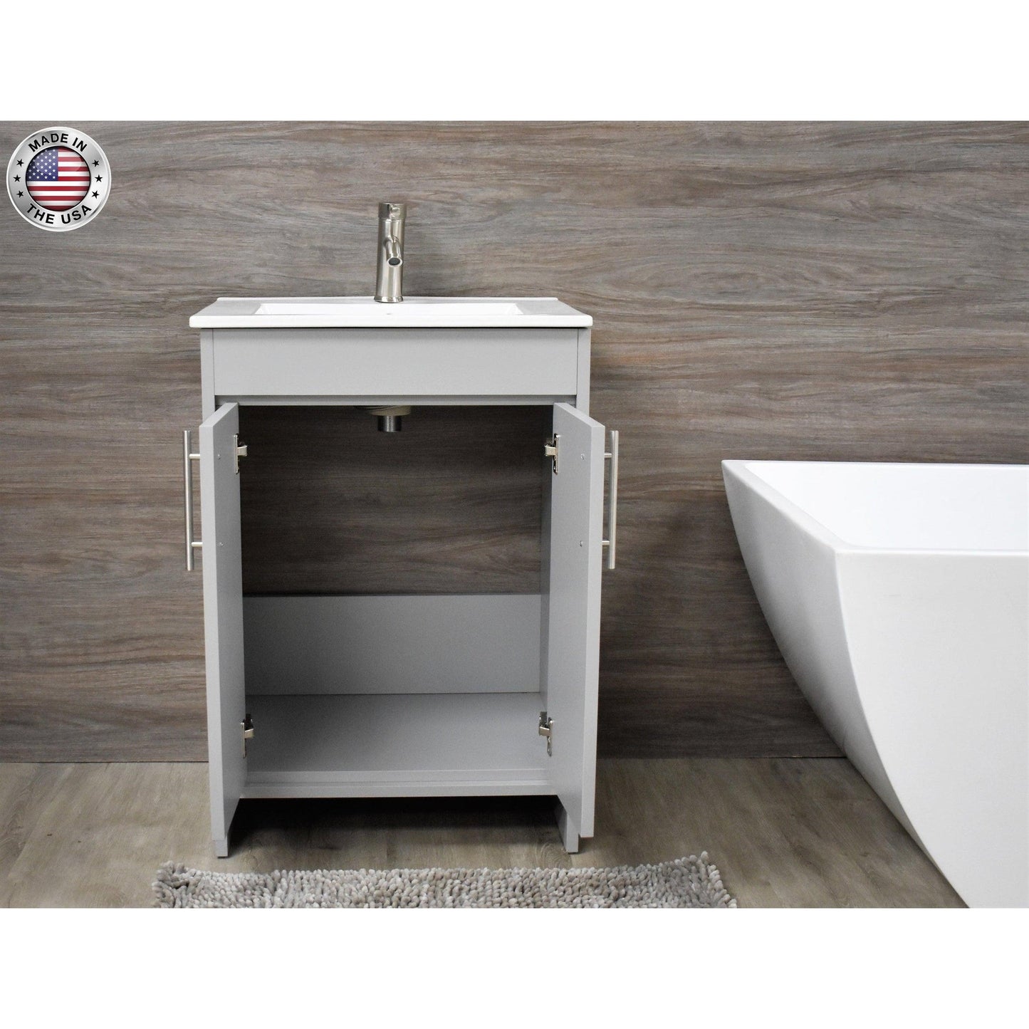 Volpa USA Villa 24" Gray Freestanding Modern Bathroom Vanity With Integrated Ceramic Top and Brushed Nickel Round Handles