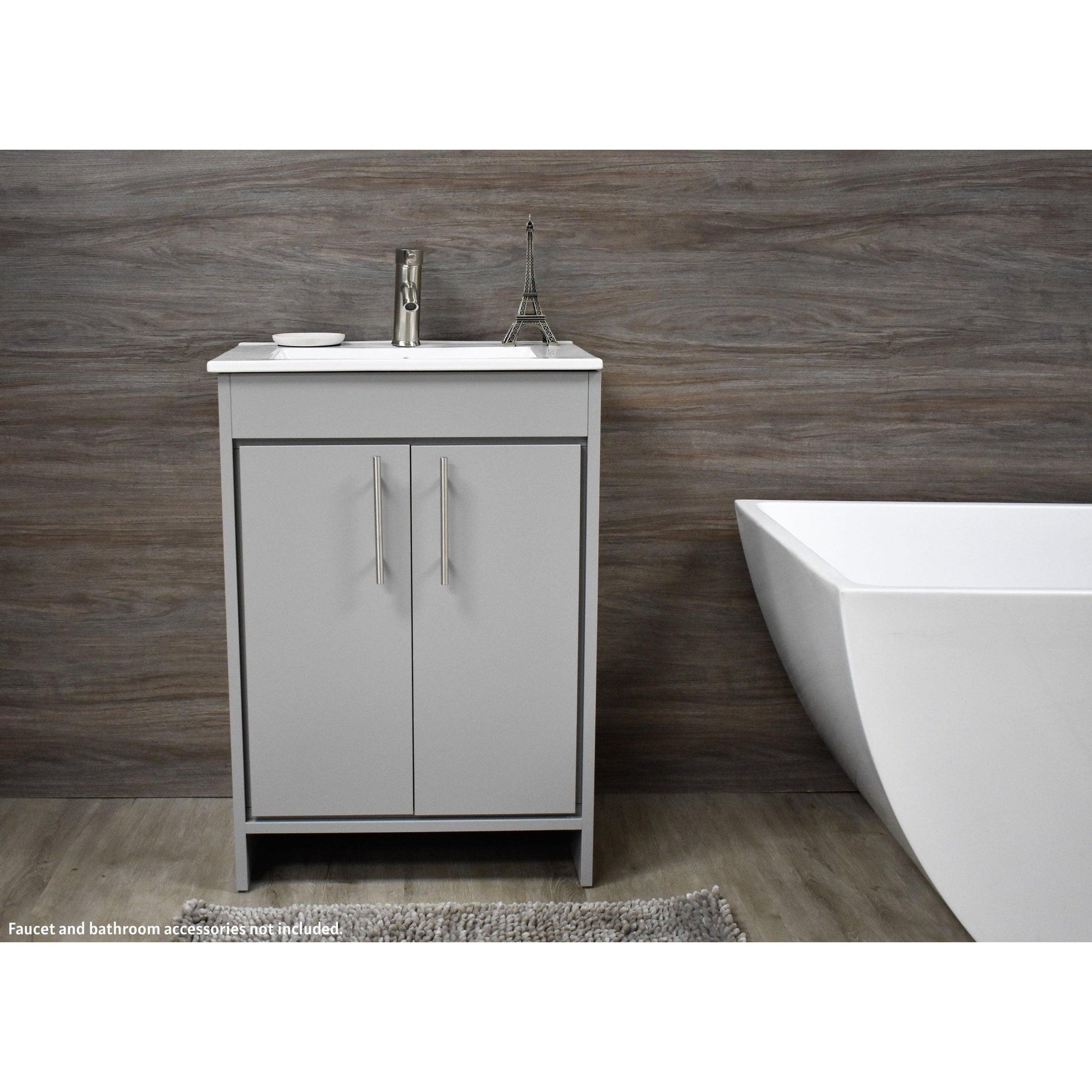 Volpa USA Villa 24" Gray Freestanding Modern Bathroom Vanity With Integrated Ceramic Top and Brushed Nickel Round Handles