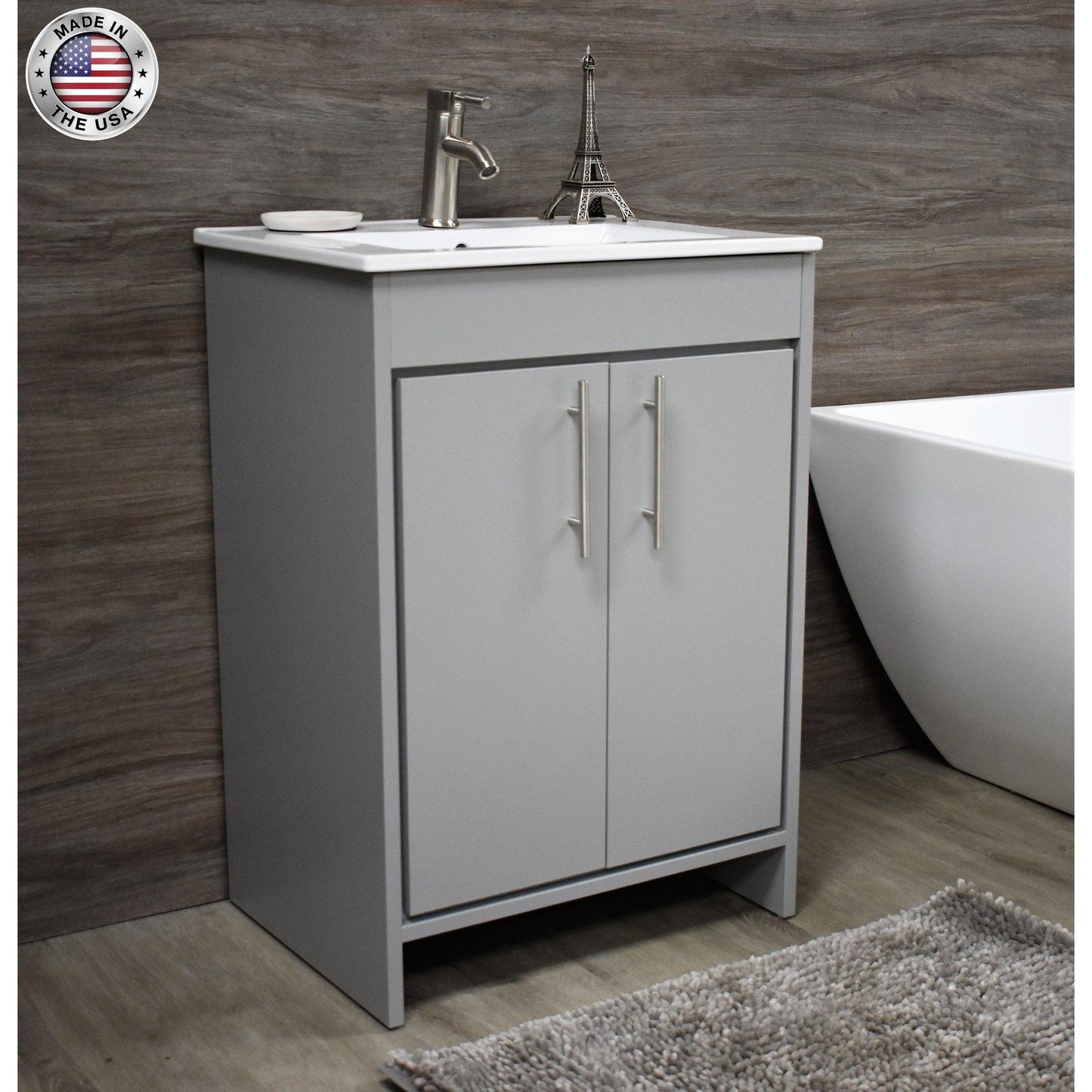 Volpa USA Villa 24" Gray Freestanding Modern Bathroom Vanity With Integrated Ceramic Top and Brushed Nickel Round Handles