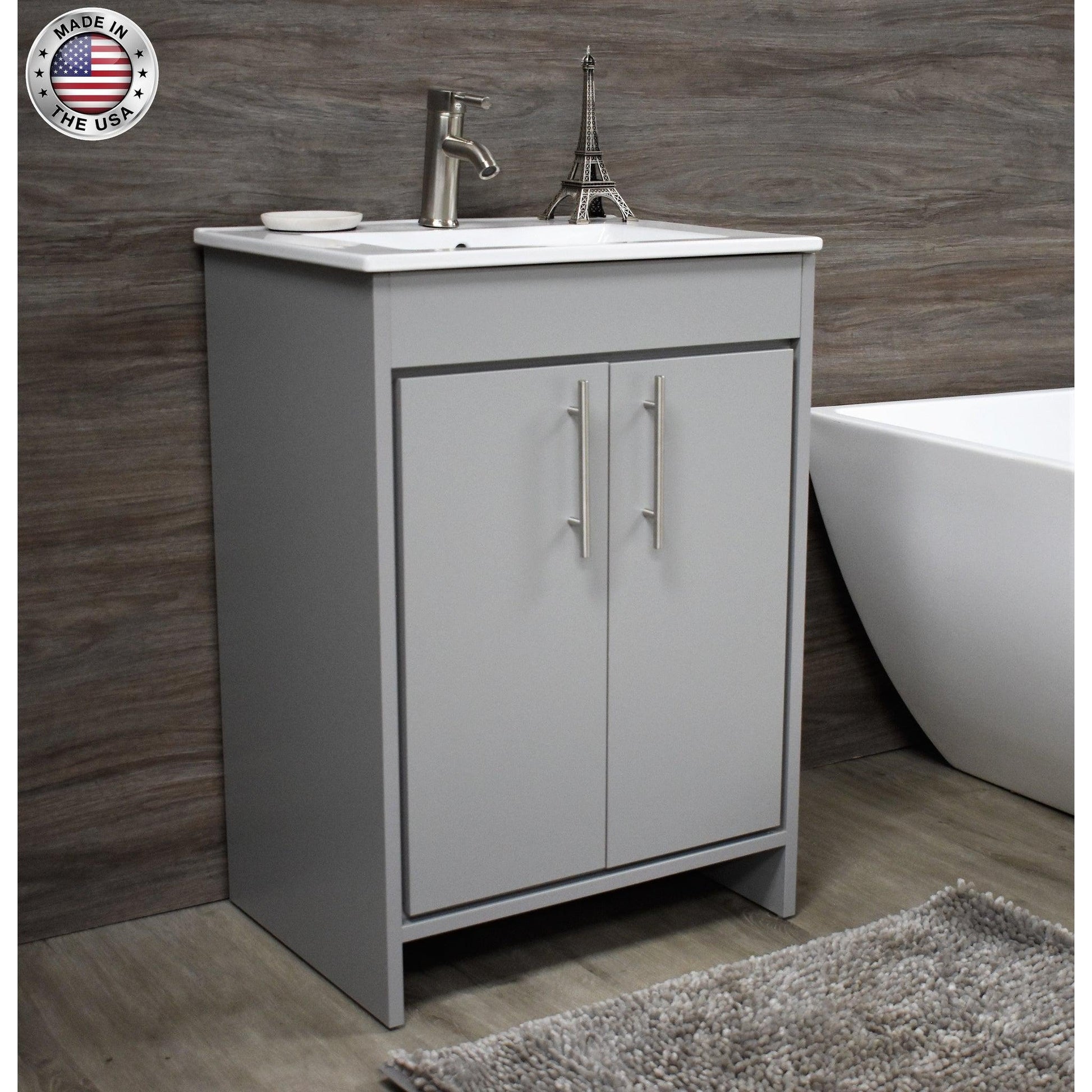 Volpa USA Villa 24" Gray Freestanding Modern Bathroom Vanity With Integrated Ceramic Top and Brushed Nickel Round Handles