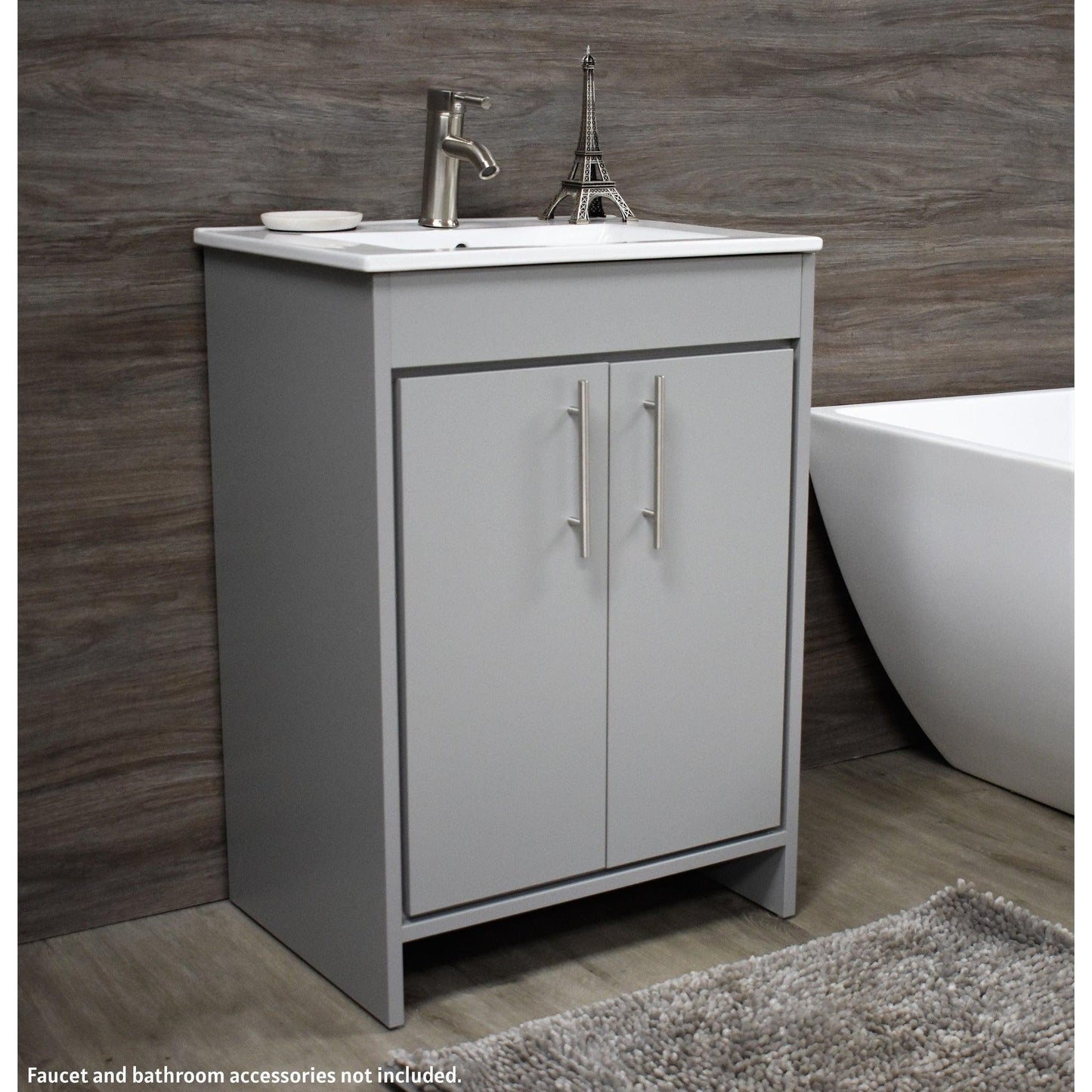 Volpa USA Villa 24" Gray Freestanding Modern Bathroom Vanity With Integrated Ceramic Top and Brushed Nickel Round Handles