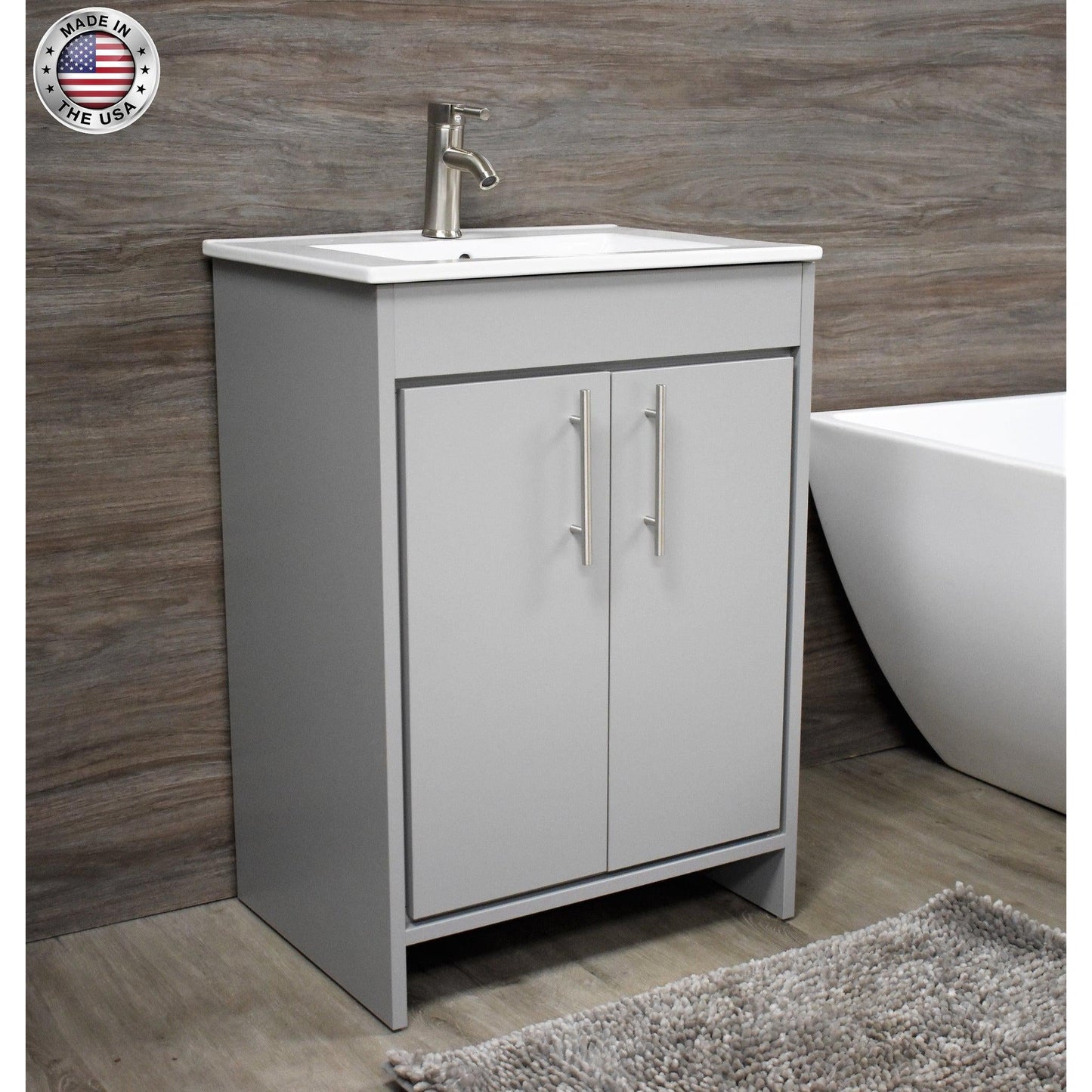 Volpa USA Villa 24" Gray Freestanding Modern Bathroom Vanity With Integrated Ceramic Top and Brushed Nickel Round Handles